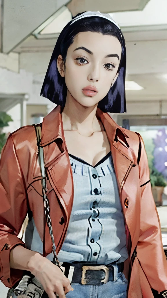 anime girl with purple hair and a red jacket holding a chain, nico robin, satoshi kon artstyle, faye valentine from cowboy bebop, style is a blend of æon flux, satoshi kon anime, style of satoshi kon, in jojo\'s bizarre adventure, inspired by Kusumi Morikage, in a mixed style of æon flux