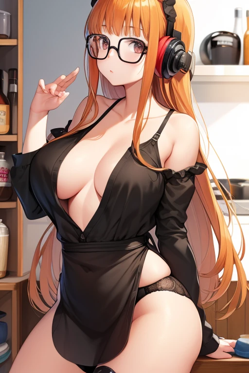 masterpiece, highest quality, High resolution,
1 girl, futaba sakura, dull bangs, Glasses, black frame eyewear, Ahoge,
Maid-style underwear,black underwear,T-back,黒いT-back, maid headdress, headphones, behind-the-head headphones,
cowboy shot, Cafe,Inside the store,big chest,Nipple piercing