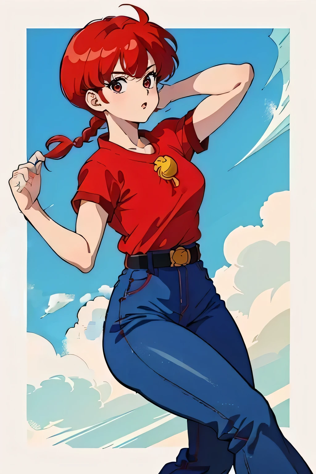 (8k, Foto RAW, La mejor calidad, Obra maestra:1.2), Ranma Chan, Ranma Red Shirt, red hair, braided belt, blue pants, martial art