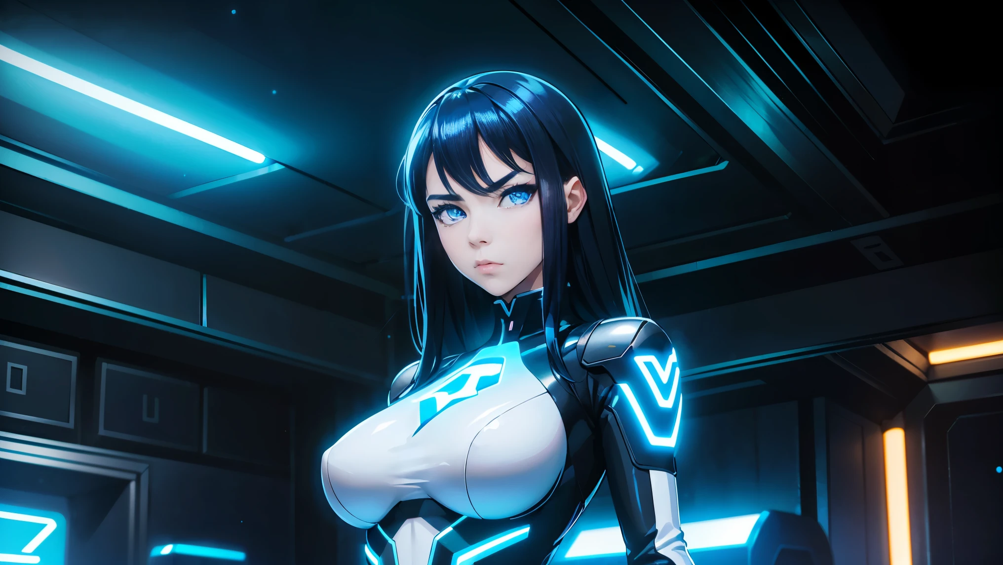 cool phonk anime girl , dark blue hair , blue eyes , rainy time , underground dance club , whole body shot, big breast, (Perfect thick white eyebrows) Delicate fur, 详细s face, s the perfect face, At a in an underground club like tron movie, (Drink a glass of wine while standing), Comfortable background, perfect decoration, dark atmosphere, ((tron movie lighting)), (The round lenses on his eyes)(詳細な目), Perfect student, face close up