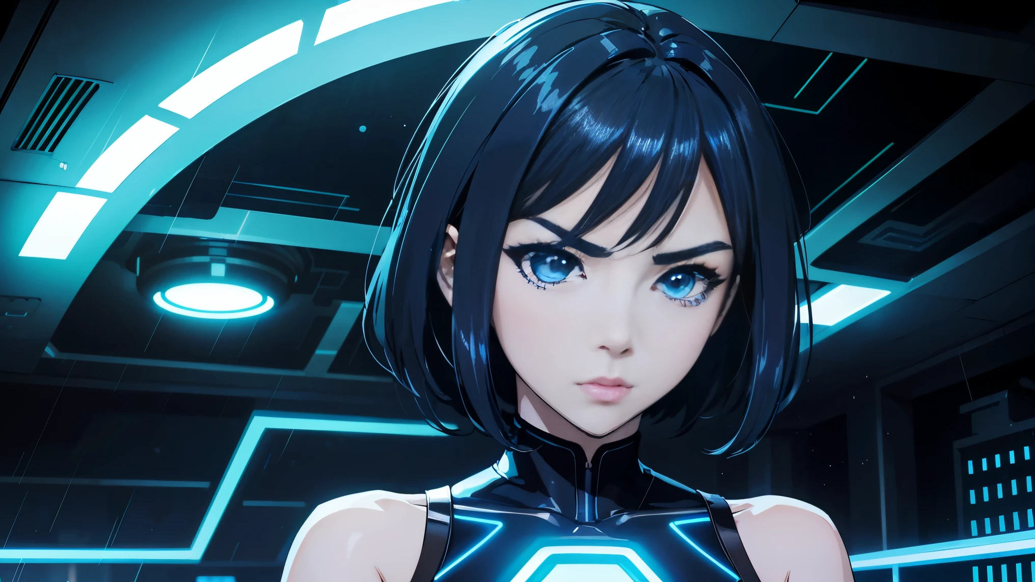 cool phonk anime girl , dark blue hair , blue eyes , rainy time , underground dance club , whole body shot, big breast, (Perfect thick white eyebrows) Delicate fur, 详细s face, s the perfect face, At a in an underground club like tron movie, (Drink a glass of wine while standing), Comfortable background, perfect decoration, dark atmosphere, ((tron movie lighting)), (The round lenses on his eyes)(詳細な目), Perfect student, face close up