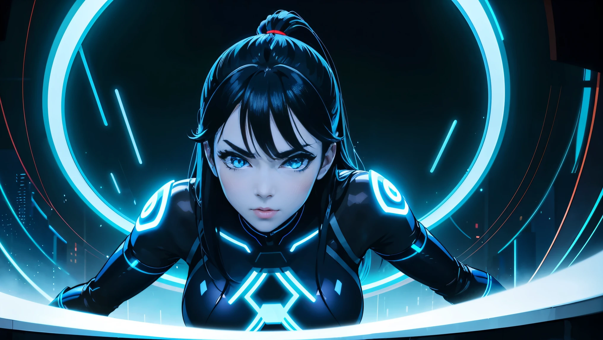 cool phonk anime girl , dark blue hair , blue eyes , rainy time , underground dance club , whole body shot, big breast, (Perfect thick white eyebrows) Delicate fur, 详细s face, s the perfect face, At a in an underground  club like tron movie, (Drink a glass of wine while standing), Comfortable background, perfect decoration, dark atmosphere, ((tron movie lighting)), (The round lenses on his eyes)(詳細な目), Perfect student, face close up