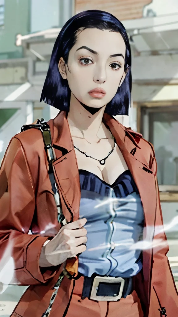 anime girl with purple hair and a red jacket holding a chain, nico robin, satoshi kon artstyle, faye valentine from cowboy bebop, style is a blend of æon flux, satoshi kon anime, style of satoshi kon, in jojo\'s bizarre adventure, inspired by Kusumi Morikage, in a mixed style of æon flux