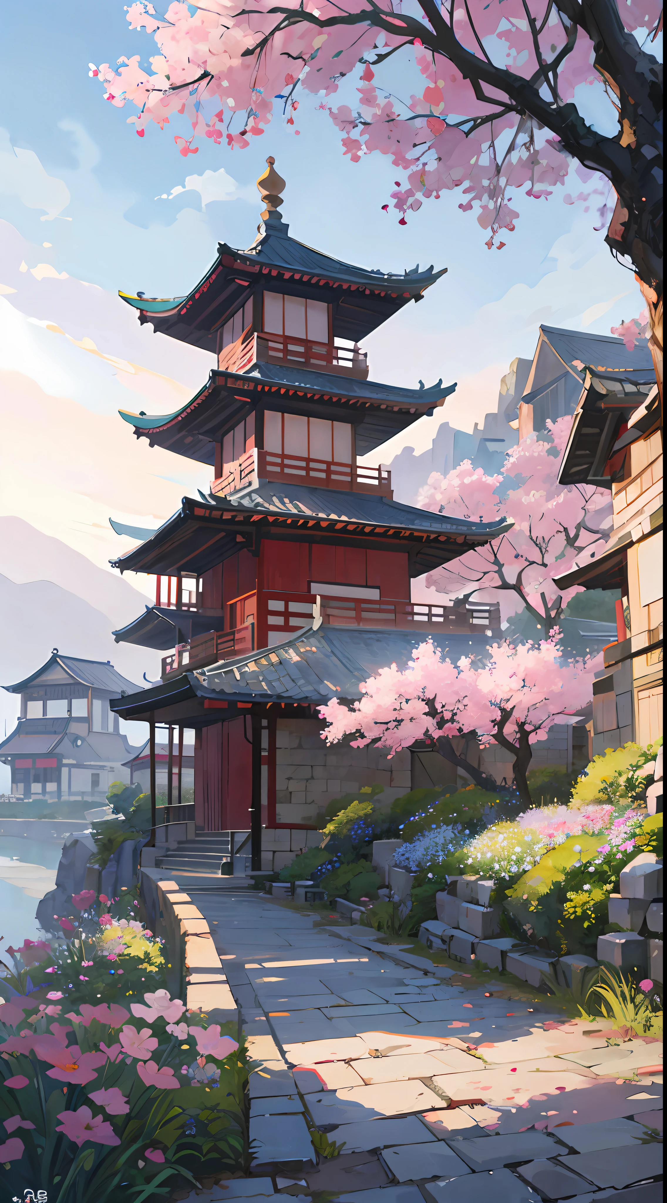 a garden painting，There are tables, chairs and a flowering tree, anime background art, beautiful anime scenery, dreamy Chinese towns, china village, Beautiful artistic illustration, Landscape art details, landscape artwork, beautiful anime scene, anime scenery, 8k high quality detailed art, anime scenery concept art, Japantown, Anime beautiful peaceful scene, Intense light and shadow, texture
