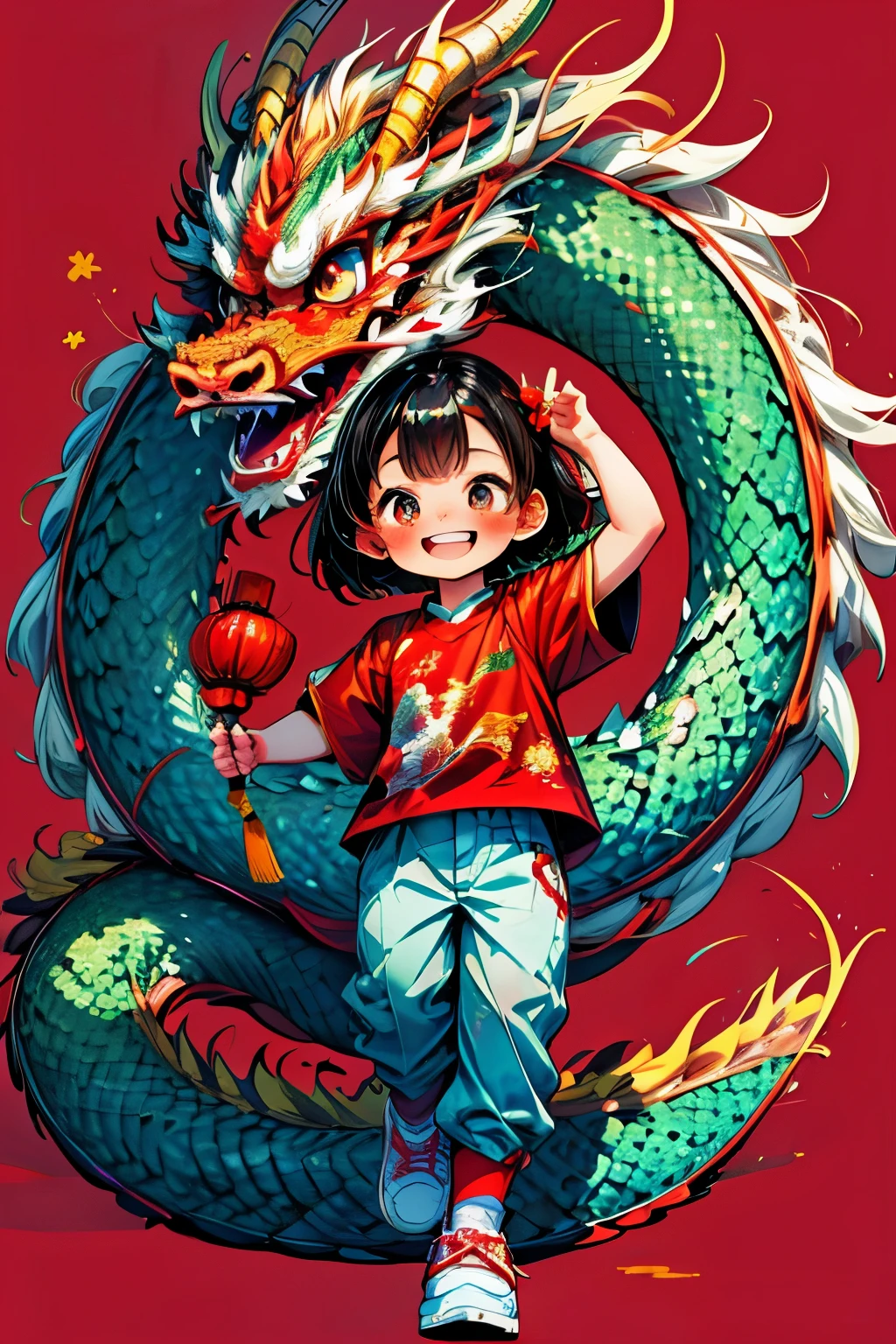 chinese new year, 1girl, looking at viewer, blush, smile, short hair, simple background, shirt, black hair, bow, brown eyes, flower, short sleeves, shoes, teeth, pants, grin, arm up, black pants, white footwear, white flower, red shirt, (red background:1.5), dragon, eastern dragon,