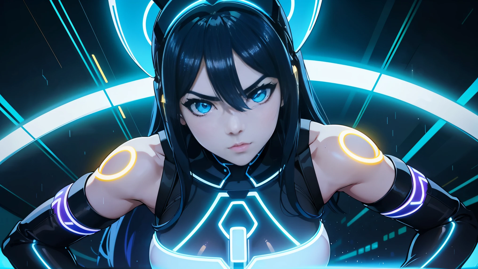 cool phonk anime girl , dark blue hair , blue eyes , rainy time , underground dance club , whole body shot, big breast, (Perfect thick white eyebrows), 详细s face, s the perfect face, At a in an underground  club in tron movie, Comfortable background, perfect decoration, dark atmosphere, ((tron movie "yellow" lighting)), (The round lenses on his eyes)(詳細な目), Perfect student, face close up