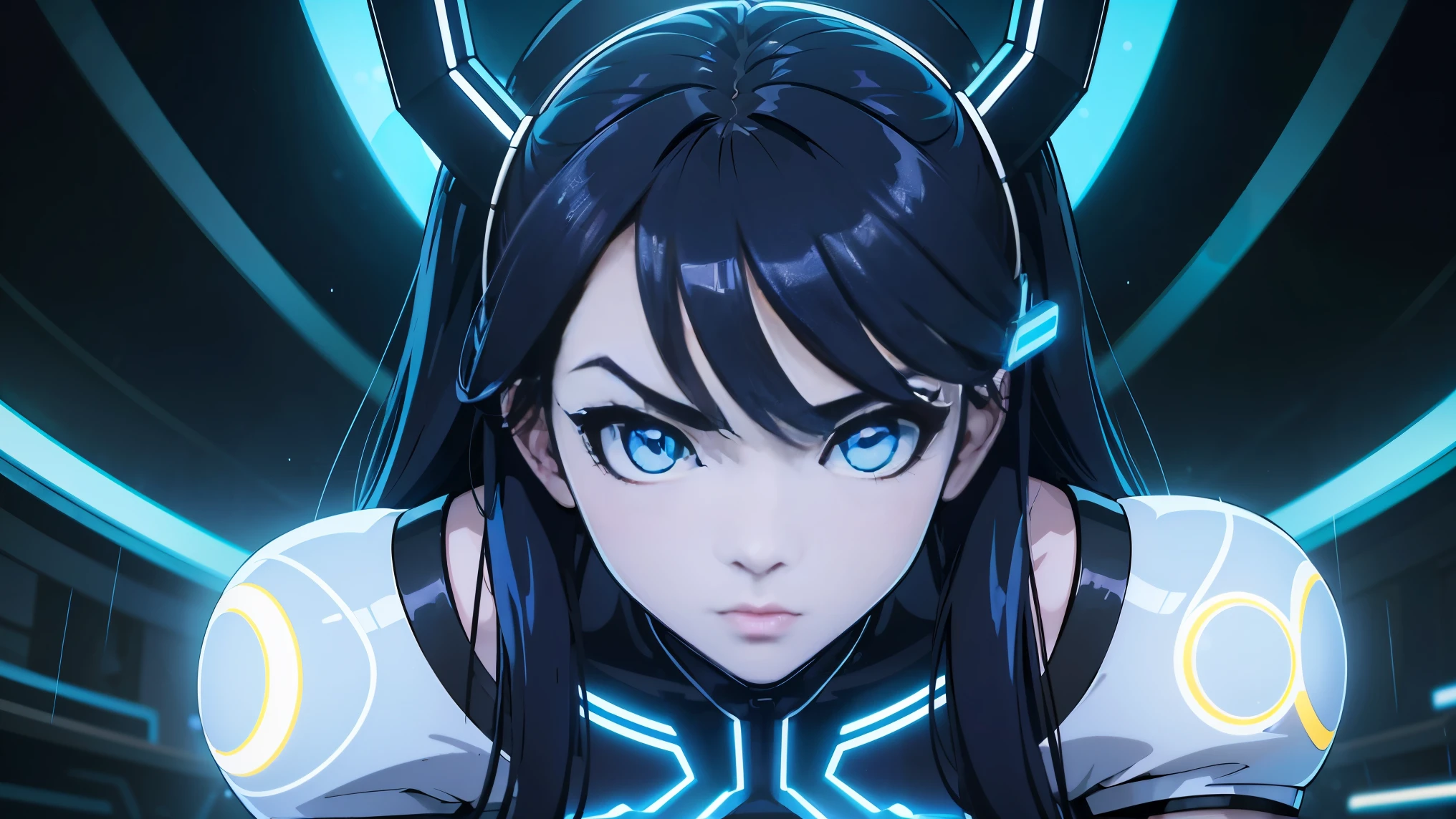 cool phonk anime girl , dark blue hair , blue eyes , rainy time , underground dance club , whole body shot, big breast, (Perfect thick white eyebrows), 详细s face, s the perfect face, At a in an underground club in tron movie, Comfortable background, perfect decoration, dark atmosphere, ((tron movie "yellow" lighting)), (The round lenses on his eyes)(詳細な目), Perfect student, face close up