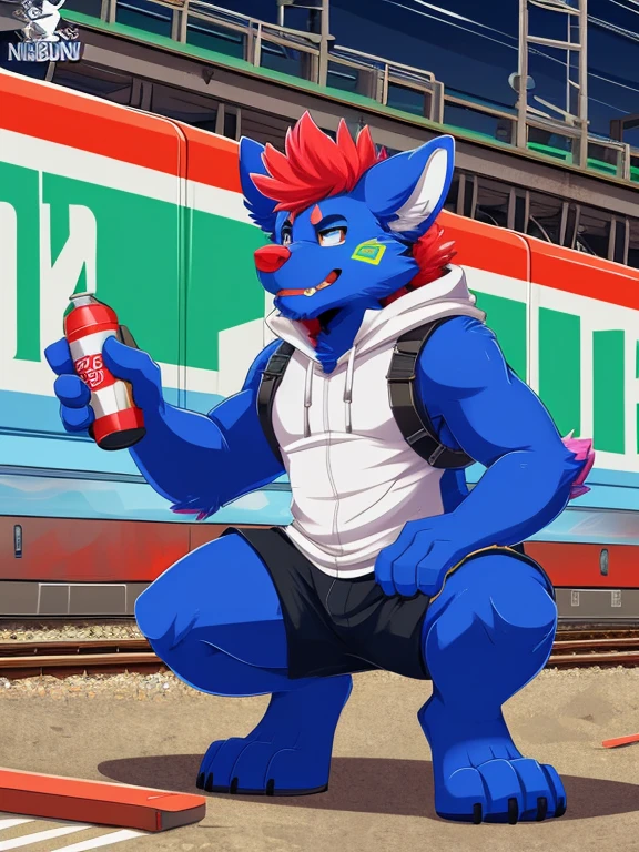 solo, male, (by nikkibunn, xnirox, slimefur, vergence, hyilpi, higsby, jadysilver, pache riggs), on a train track, squatting, trains, rebel, doing graffiti on a train, holding a spray can