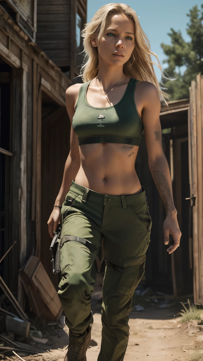 Foto hiperrealista en primer plano de 20 years old Maria Bello,, masterpiece, best quality, (photorealistic:1.4), full body, green sport bra, green tactical pants, Depict a rural landscape in the rugged style of the game's concept art. This work should evoke a sense of abandonment and despair in a futuristic, post-apocalyptic world. Notice the intricacies of detail, the sharp focus. cinematic light, beautiful woman, skinny, small breasts, straight blond hair, detailed face, photo taken from a distance, she is running very fast