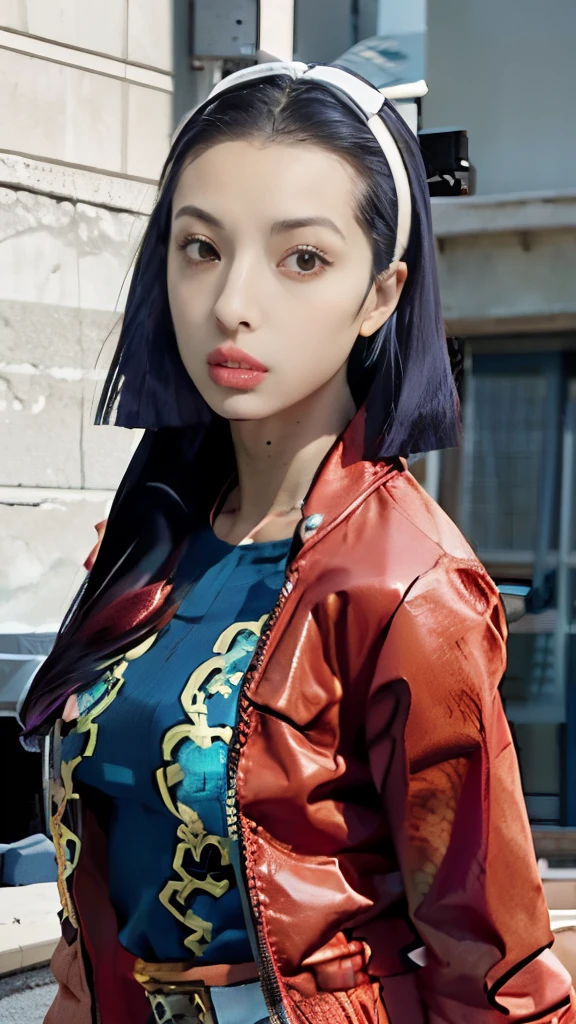 a woman in a red jacket and blue dress standing in front of a house, in jojo\'s bizarre adventure, faye valentine from cowboy bebop, posing as a jojo character, maya fey from ace attorney, misato katsuragi, jojo anime style, nico robin, tsubasa nakai's style, faye valentine, hirohiko araki style