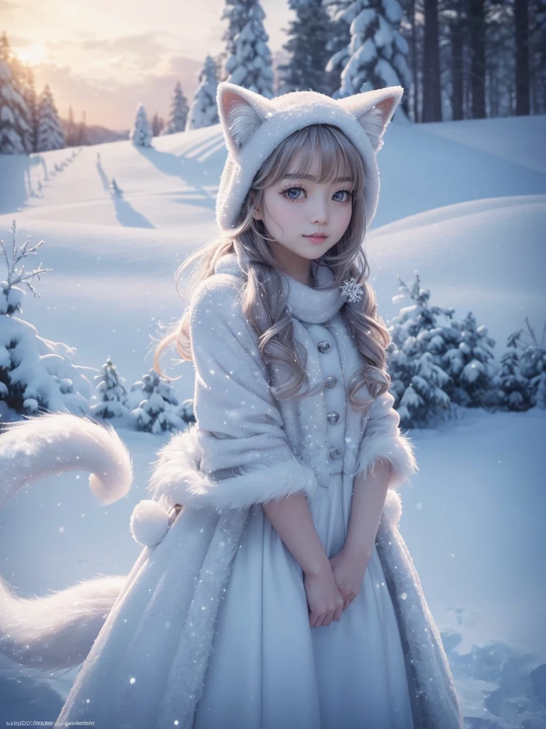 (Raw photo: 1.2), (realistic: 1.4), (highest quality: 1.4), (ultra high resolution: 1.2), (very detailed: 1.3), (HDR: 1.2), (cinematic lighting: 1.3), (fine eyes), (detailed face), look up、(fine fur), (snow background: 1.2), cute fox, standing pose, (3/4 length: 1.2), (Fluffy Tail :1.2), (soft hair: 1.2), (adorable: 1.2), (look at the viewer), (innocent look), (soft lighting), (dream-like), (Fantasy Like: 1.3), (ethereal: 1.3), (Magic: 1.2), (snowflake: 1.2), (winter wonderland: 1.3), (Whimsical: 1.2), (playfulness: 1.2).