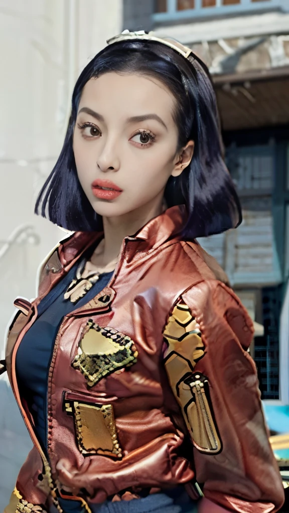 a woman in a red jacket and blue dress standing in front of a house, in jojo\'s bizarre adventure, faye valentine from cowboy bebop, posing as a jojo character, maya fey from ace attorney, misato katsuragi, jojo anime style, nico robin, tsubasa nakai's style, faye valentine, hirohiko araki style