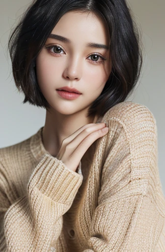 (masterpiece:1.3), (8K, realistic, RAW photo, highest quality: 1.4), (1 girl), beautiful face, (realistic face), (black hair, short hair:1.3), beautiful hairstyle, realistic eyes, beautiful and fine eyes, (realistic skin), beautiful skin, (sweater), disorganized, Charm, ultra high resolution, surreal, very detailed, golden ratio、short bob