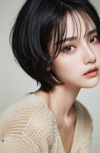 (masterpiece:1.3), (8K, realistic, RAW photo, highest quality: 1.4), (1 girl), beautiful face, (realistic face), (black hair, short hair:1.3), beautiful hairstyle, realistic eyes, beautiful and fine eyes, (realistic skin), beautiful skin, (sweater), disorganized, Charm, ultra high resolution, surreal, very detailed, golden ratio、short bob