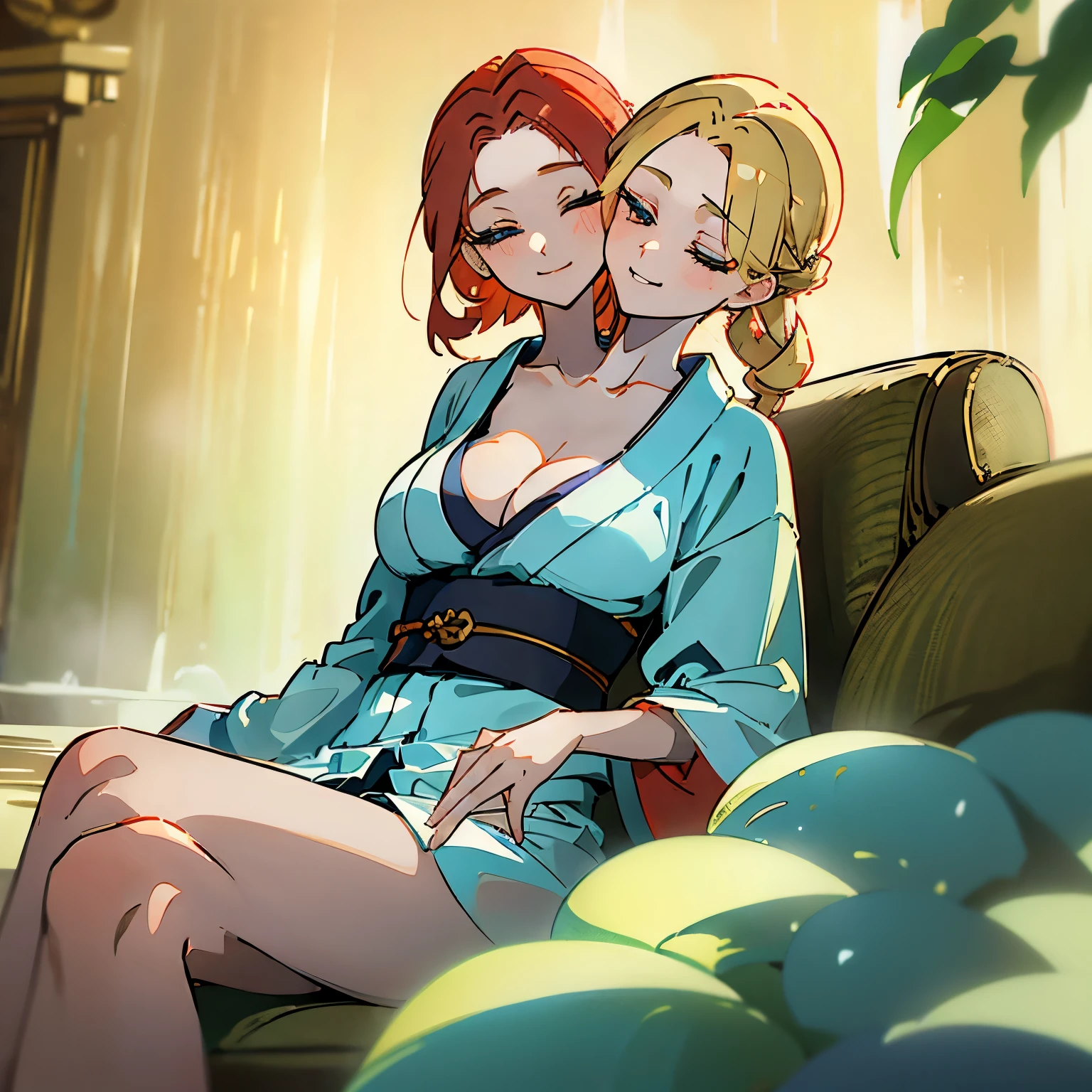 art by Eiichirio Oda, moonlit night, hotspring, dark ambient, nami wearing an off shoulder bathrobe, nami sitting beside water, nico robin's legs are under water, nico robin's body is wet, nami is kissing nico robin's neck from the back, their private parts are covered in bathrobe, yuri romance