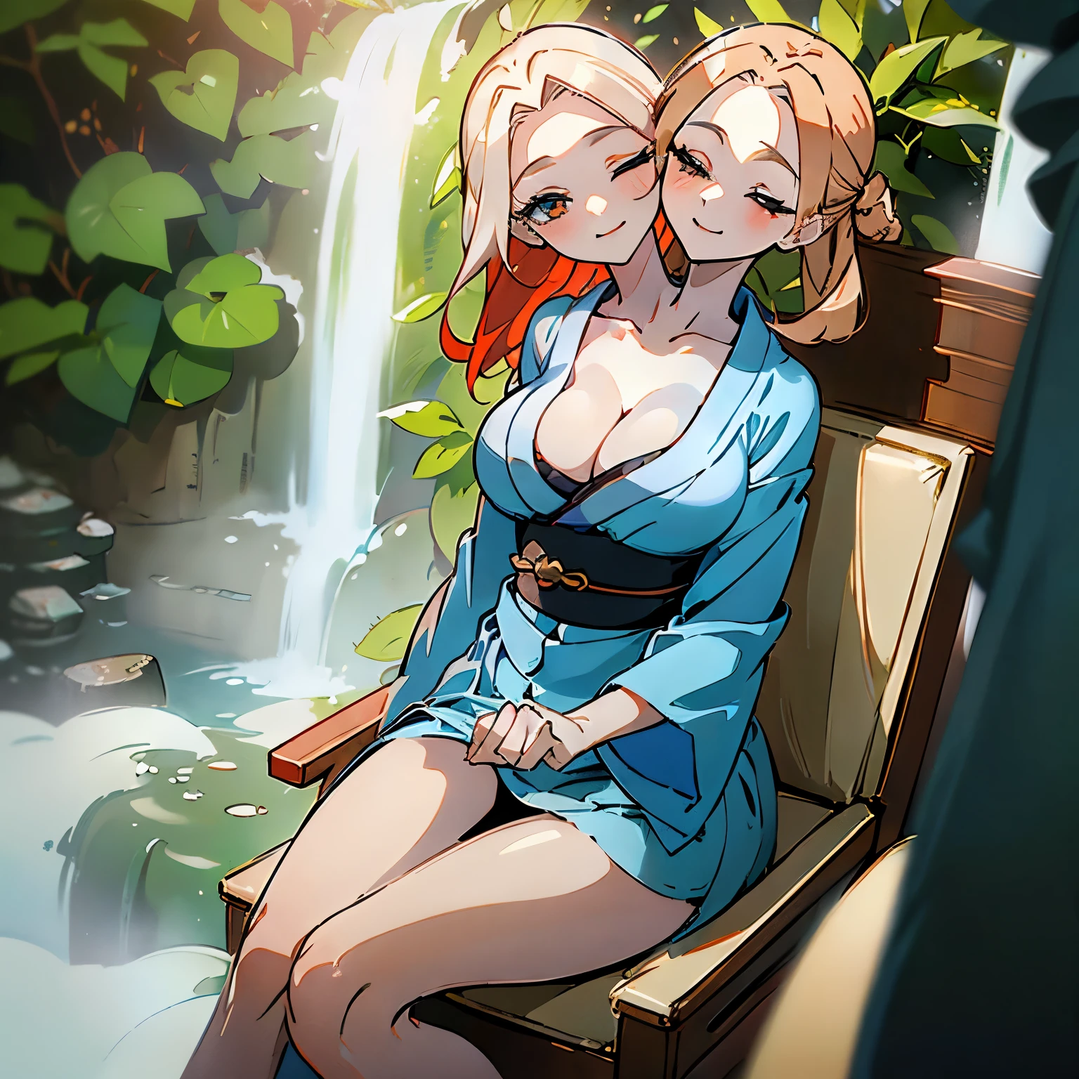 best quality, (masterpiece),(ultra-detailed), (high quality), (high resolution), (2heads:1.5) (blonde hair), (red hair) (larger ???????), cleavage, best quality:1.5, highres, UHD, 4K), smiling, (mature woman), casual dress, ???? proportions, Beautiful girl with accentuated slender abs, eyeshadow, (masterpiece, best quality), best resolution, (2heads:1.5), 1girl, dark blue hair, eyes closed, relaxed, (Japanese robe), meditating beside a waterfall, sitting