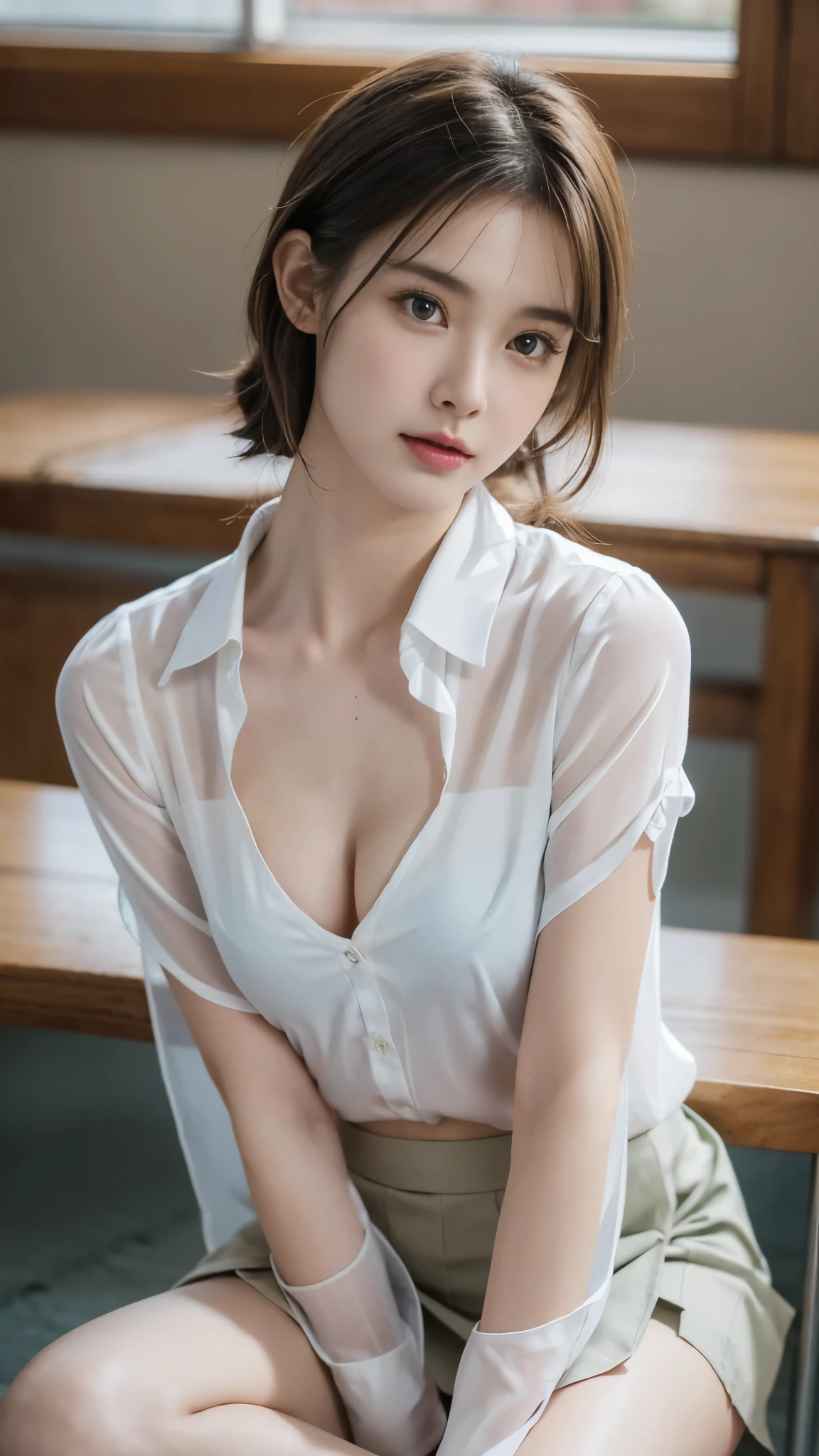 ((()))、(((high school girl)))、(((A charming face)))、(((Young face)))、(((beautiful girl)))、(((A beautiful woman)))、Beautiful woman、Cute woman、((Innocent face))、((Smile))、((Ultra-detailed face))、((Detailed lips))、((Detailed eyes))、((double eyelid))、(((Beautiful Face)))、(((Beautiful, well-shaped eyes)))、(((Beautiful, well-shaped lips)))、Very Short Hair、ponytail、Pixie cut、BREAK、BREAK、(((Wearing a dress shirt and pleated skirt)))、Off the shoulder、BREAK、8 heads、(((slender)))、(((Slim body)))、(((Thin body)))、(((Slim woman)))、Flat Chest:1.4、BREAK、Photographic quality、Natural light、(フォトRealistic:1.4)、(Highest quality:1.2)、(Ultra-high resolution:1.2)、8K、RAW Photos、Realistic、High Detail、Film Grain、Detail Skin、Symmetrical、Delicate skin、Real human skin、pores、Super detailed、Detailed、(masterpiece : 1.2)、Thin face、Sharp Face、Small Face、Small face、Narrow shoulders、Small shoulders、Small shoulders幅、Slim shoulders、Narrow shoulders幅、Beautiful Japanese Woman、Beautiful Korean Woman、Slim womanモデル、Young Gravure Idol、Realistic young gravure idol、Young Sensual Gravure Idol、Young Pretty Gravure Idol、Japanese Model、Young Gravure Idol、(From the knee up) 、arms behind back:1.3