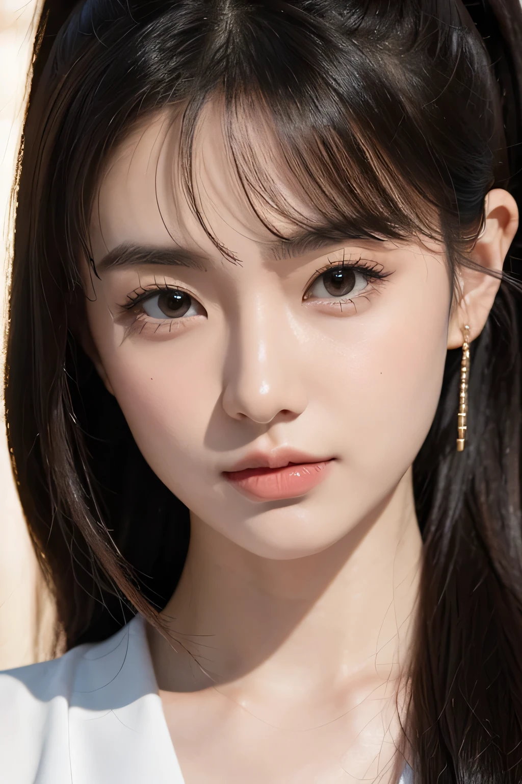 She is a beautiful Chinese girl, Exquisite facial features, It's a perfect face, wear earrings, Oval chin, beautiful features, pretty face, long bangs, ponytail, bright dark brown eyes , Fitted material, shiny skin, pretty face, deep shadow,Ray tracing, viewfinder, Scale layers, close up, Bokeh, anatomically correct, high detail, 1080P, ultra high definition