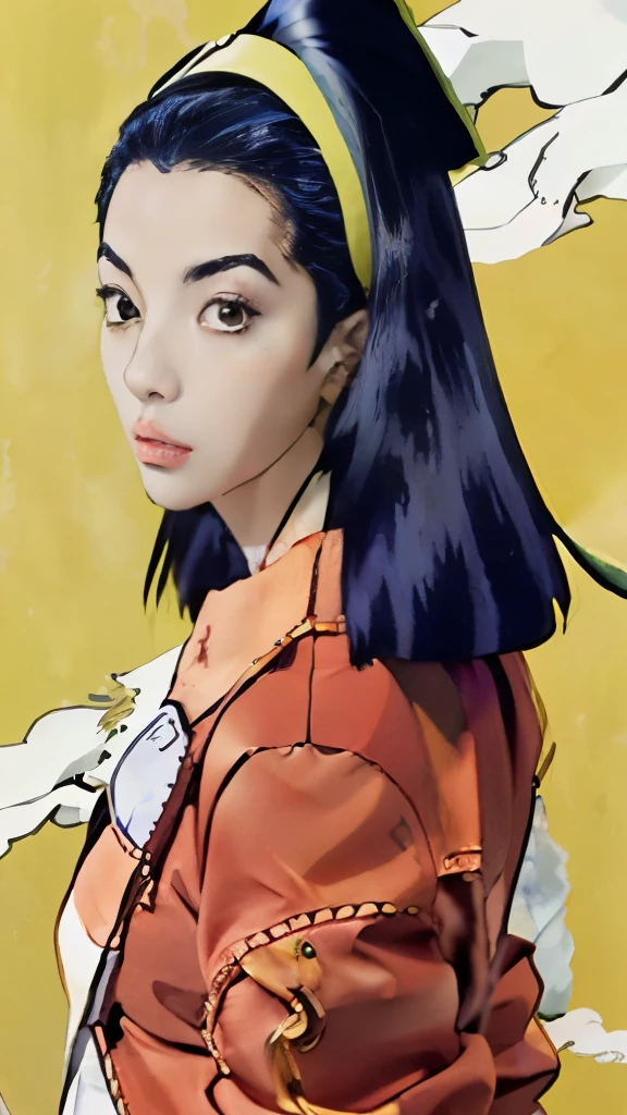 a close up of a woman with a red jacket and a yellow background, satoshi kon artstyle, style of satoshi kon, satoshi kon anime, nico robin, inspired by Satoshi Kon, tsubasa nakai's style, anime visual of a young woman, faye valentine from cowboy bebop, by Satoshi Kon, an retro anime image