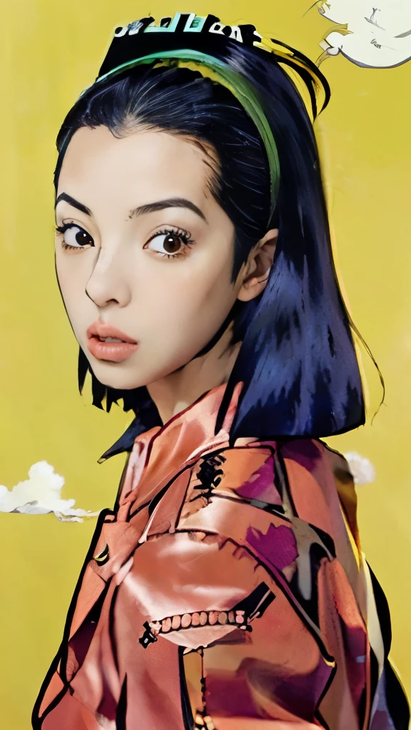 a close up of a woman with a red jacket and a yellow background, satoshi kon artstyle, style of satoshi kon, satoshi kon anime, nico robin, inspired by Satoshi Kon, tsubasa nakai's style, anime visual of a young woman, faye valentine from cowboy bebop, by Satoshi Kon, an retro anime image