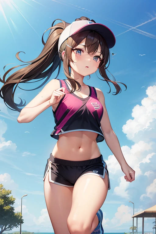 One beautiful teenager girl、sports underwear、Navel Tank Top、vertical navel, sport shorts、running, ponytail、sport cap, shiny skin、the way