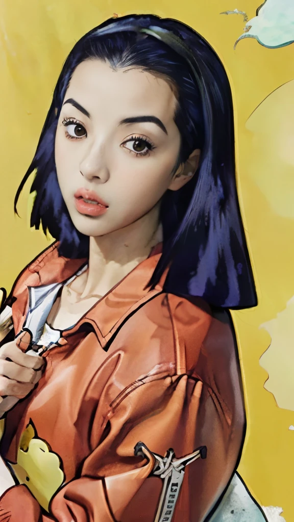 a close up of a woman with a red jacket and a yellow background, satoshi kon artstyle, style of satoshi kon, satoshi kon anime, nico robin, inspired by Satoshi Kon, tsubasa nakai's style, anime visual of a young woman, faye valentine from cowboy bebop, by Satoshi Kon, an retro anime image