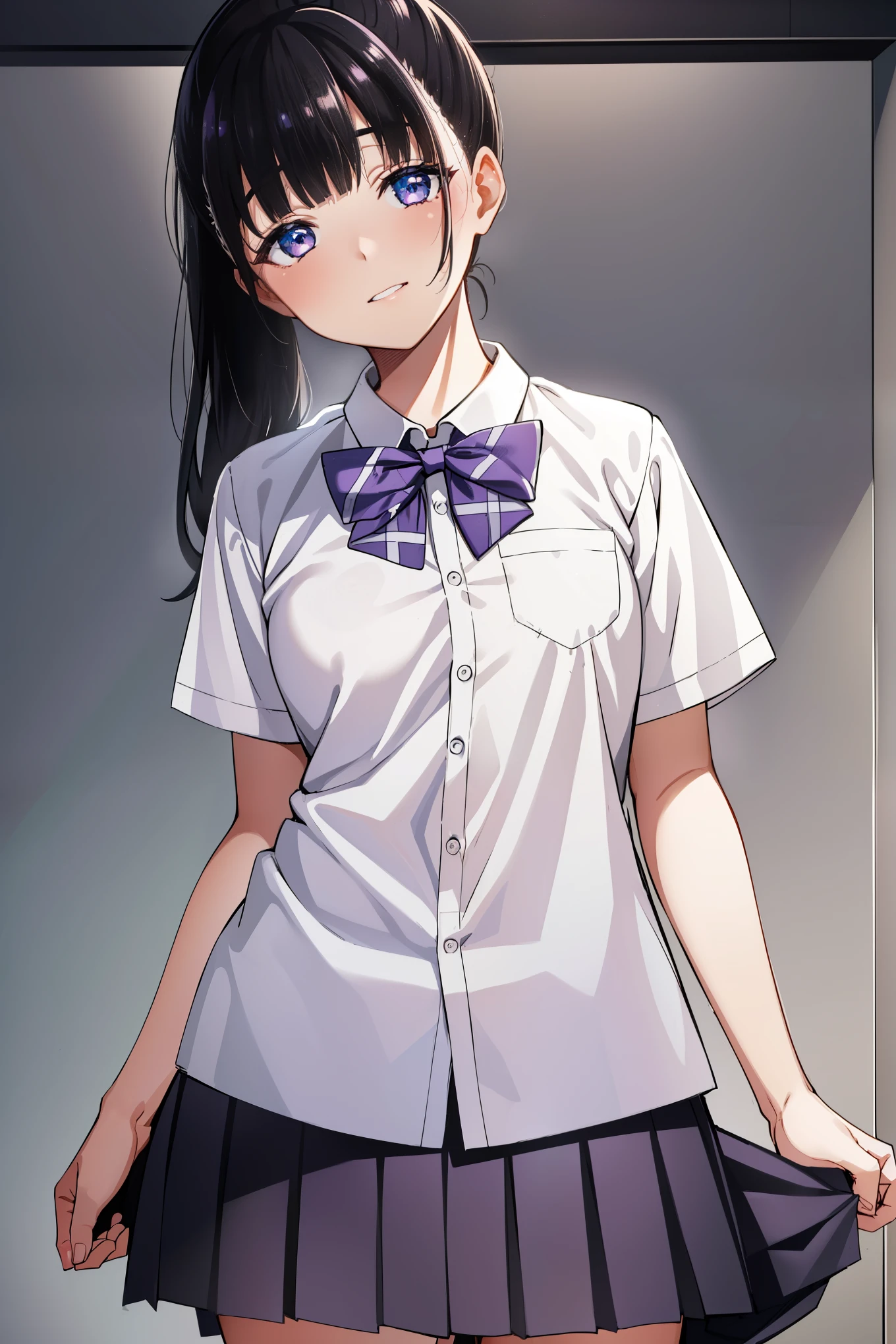 Yuisana, Yui Tachibana, long hair, bangs, ponytail, black hair, (purple eyes:1.1), smile,
break skirt, bow, school uniform, pleated skirt, shirt, white shirt, collared shirt, short sleeve, green bow,
break indoors, classroom,
break looking at viewer, (cowboy shot:1.5),
break (masterpiece:1.2), highest quality, High resolution, unity 8k wallpaper, (figure:0.8), (beautiful and fine eyes:1.6), highly detailed face, perfect lighting, Very detailed CG, (perfect hands, perfect anatomy),