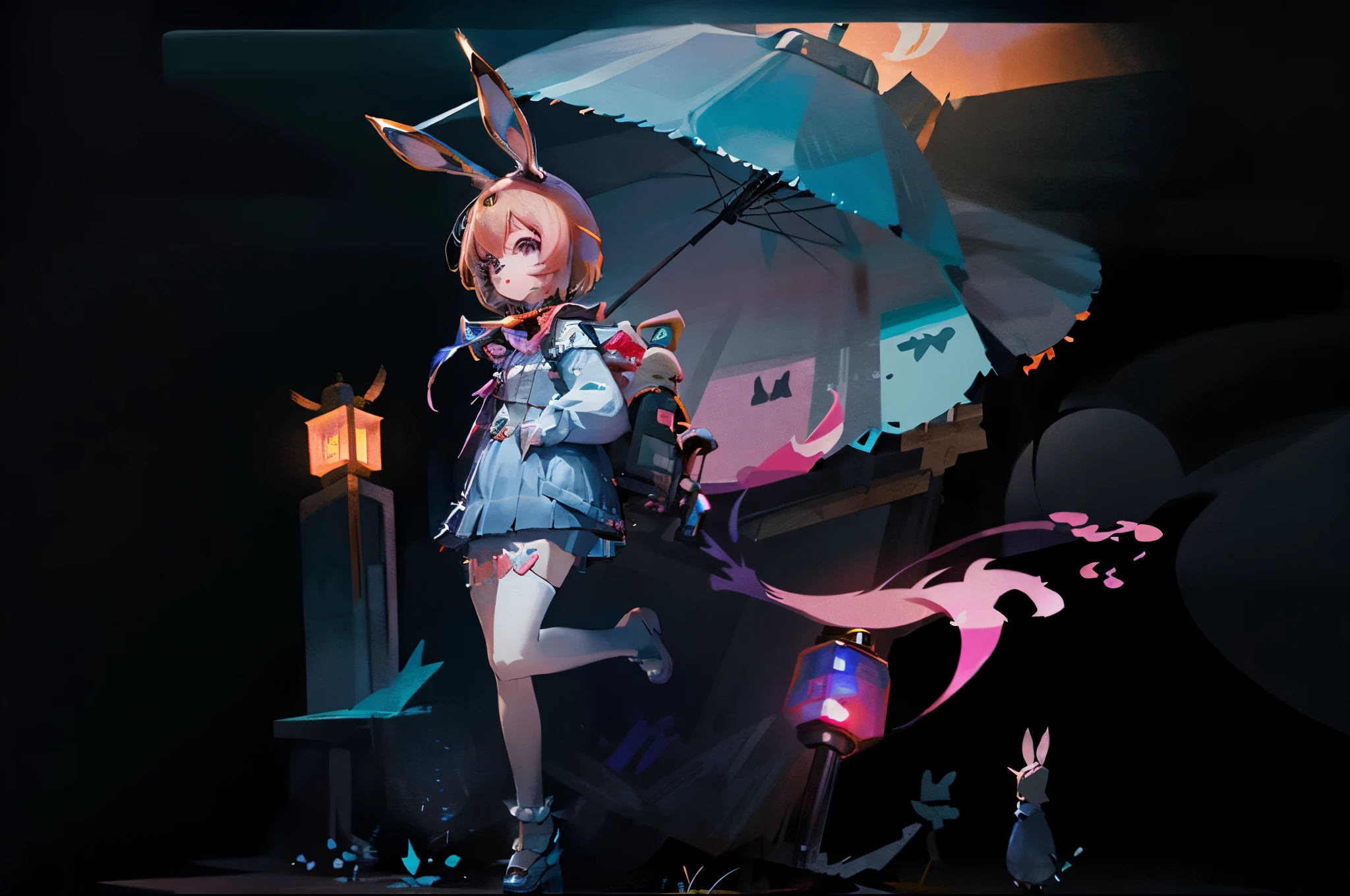 girl,cute,,full-body shot,Stand on the street,lantern,night,soiree,Spring Festival,pink hair,bunny ears