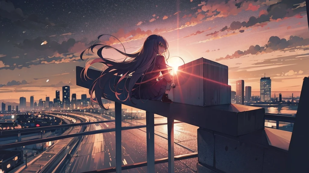 anime girl looking out over a city at night, 4k anime wallpaper, anime wallpaper 4k, anime wallpaper 4 k, anime vibes, anime style 4 k, anime art wallpaper 4 k, anime art wallpaper 4k, 4k manga wallpaper, anime picture, anime background, watch the sunset. anime, anime atmospheric, anime art wallpaper 8 k, anime background art