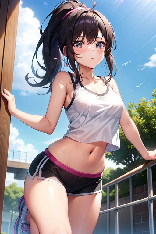 teenager,1 beautiful girl、(blush:0.6),heavy breathing,sports underwear、Navel Tank Top、vertical navel, sport shorts、running, ponytail、sport cap, shiny skin、the way