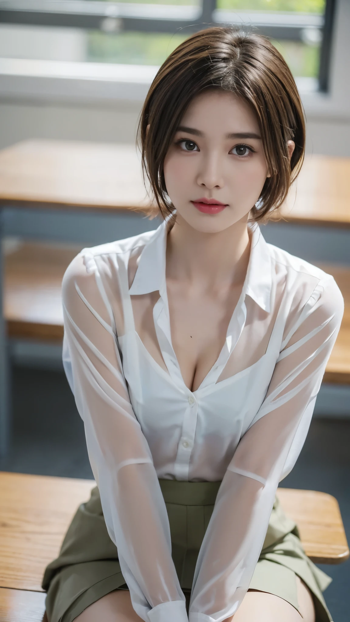 (8k, Best Quality, Masterpiece: 1.2), (Realistic, Realistic: 1.37), Ultra Detailed, 1 Girl, Cute, Solo, Beautiful Detailed Sky, Detailed Cafe, Night, Sitting, Dating, ( red nose), (smile: 1.15), (shut up) small breasts, beautiful and delicate eyes, (collared shirt: 1.1), night, wet, business attire, rain, white lace, (short hair: 1.2), flowing hair NovaFrogStyle,