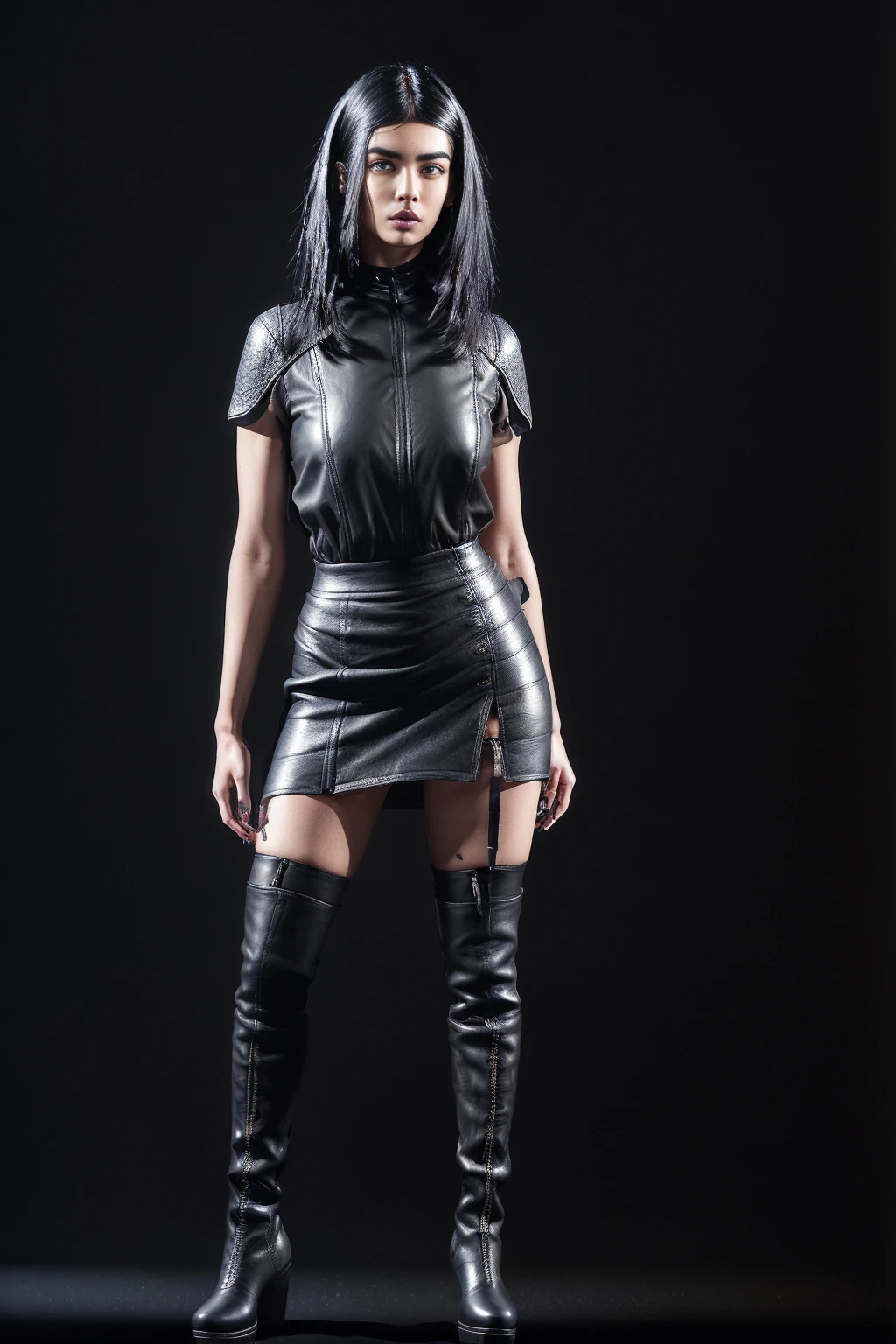 25-Year-Old Woman, Full Body, Adult, ((standing:1.4)), (confident gaze:1.1), short bright neon streaked black hair, ((realistic highly detailed eyes:1.4)), ((seductive pose:1.2)), black eyeshadow, (street style wear:1.2), ((short skirt)), ((knee high leather boots)), ((dark plain black background:1.4)), Serious Face,Realistic Face Resolution,Realistic,Object Resolution