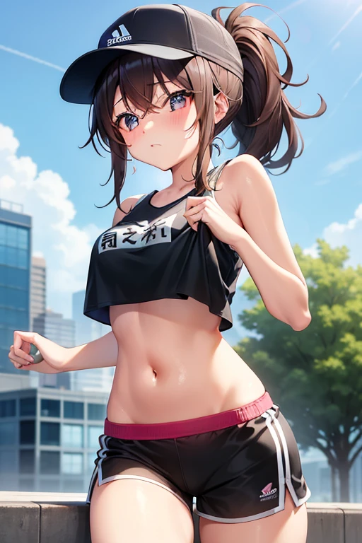 teenager,1 beautiful girl、(blush:0.6),heavy breathing,sports underwear、Navel Tank Top、vertical navel, sport shorts、running, ponytail、sport cap, shiny skin、the way