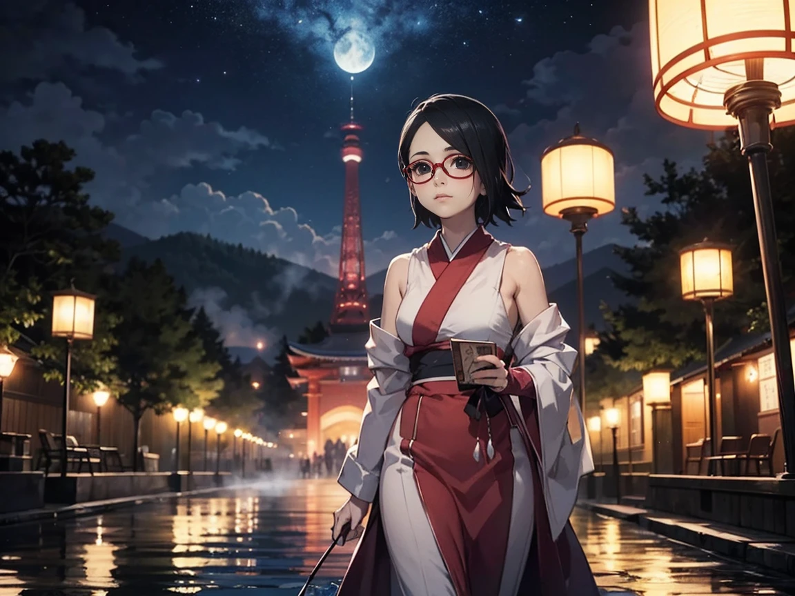 ((Sarada Uchiha,glasses,standing,walking)),1 garota, reflexo, Lua, lanterna, noite, Sozinho, lago, enfeite de cabelo, molhado, quimono, roupas japonesas, elegante, water, hair flor, flor, ao ar livre, sky, full Lua, chuva, Cabelo preto, fora do ombro, montanha, Nuvem, containment, faixa, Ombros nus, lanterna de papela, standing, white quimono, noite sky, sideboob, the heart, molhado clothes, glasses, tree, Do lado, Reflexo, cabelo curto, Nuvems sky, molhado hair (((obra de arte),fog,(black eyes,glasses,extremamente detalhado),melhor qualidade,,Sozinho,1 garota,cinematic lighting,fundo detalhado,lindos olhos detalhados,Alunos brilhantes, (extremamente delicado e lindo),(Beautiful and detailed description of the eyes)， ultra-detalhado,obra de arte,))