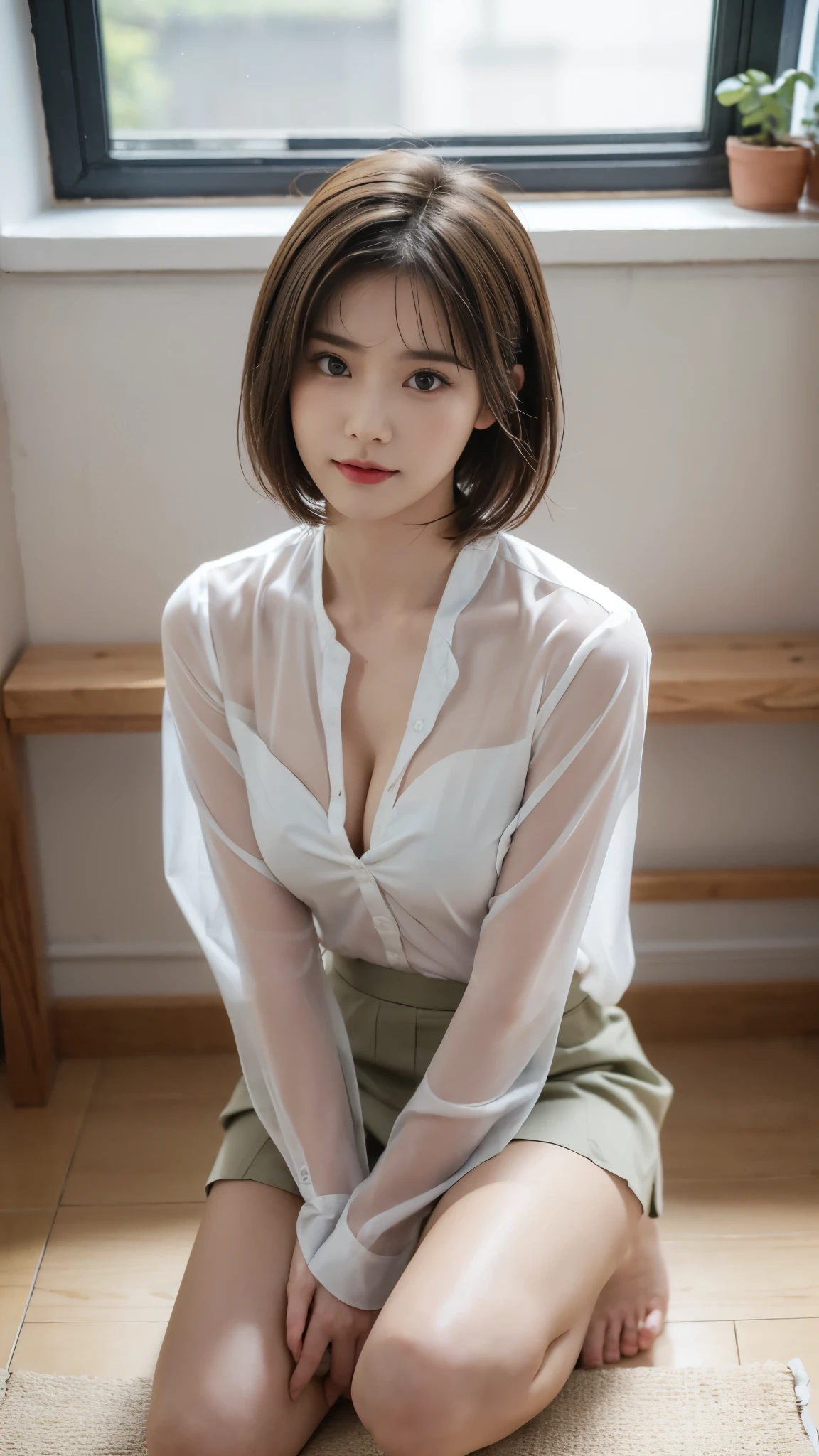 ((top quality, 8K, table top: 1.3, RAW photo)), sharp focus: 1.2, (1 Aespa Girl :1.1), alone, (realistic, realistic: 1.37), (face focus: 1.1), cute face, highly detailed face, brunette short messy hair, small smile, nude, (Take off your uniform like a chiffon shirt, roll up the skirt: 1.3), checked skirt, thigh, sit with one knee up, classroom, flower, Lily、cleavage、big breasts、slouch、Girl in a shortcut、short hairstyle