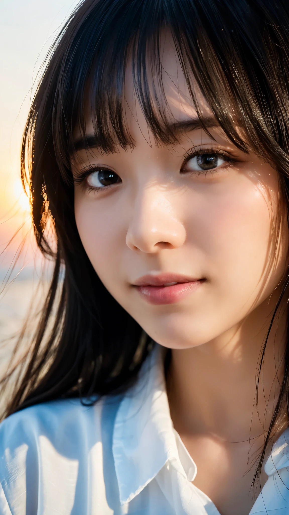 (highest quality,masterpiece:1.3,ultra high resolution),(Super detailed,caustics,8k),(photorealistic:1.4,RAW shooting),[lora:siitake-eye:0.5],(side shot:1.1),Landscape,profile,Japanese,28 years old,cute,smile,(Black hair fluttering in the wind:1.2),Middle hair,(big ),white blouse,(face focus),(Face close-up),(bust up shot),(sunset sky),soft light,Natural light,professional writing