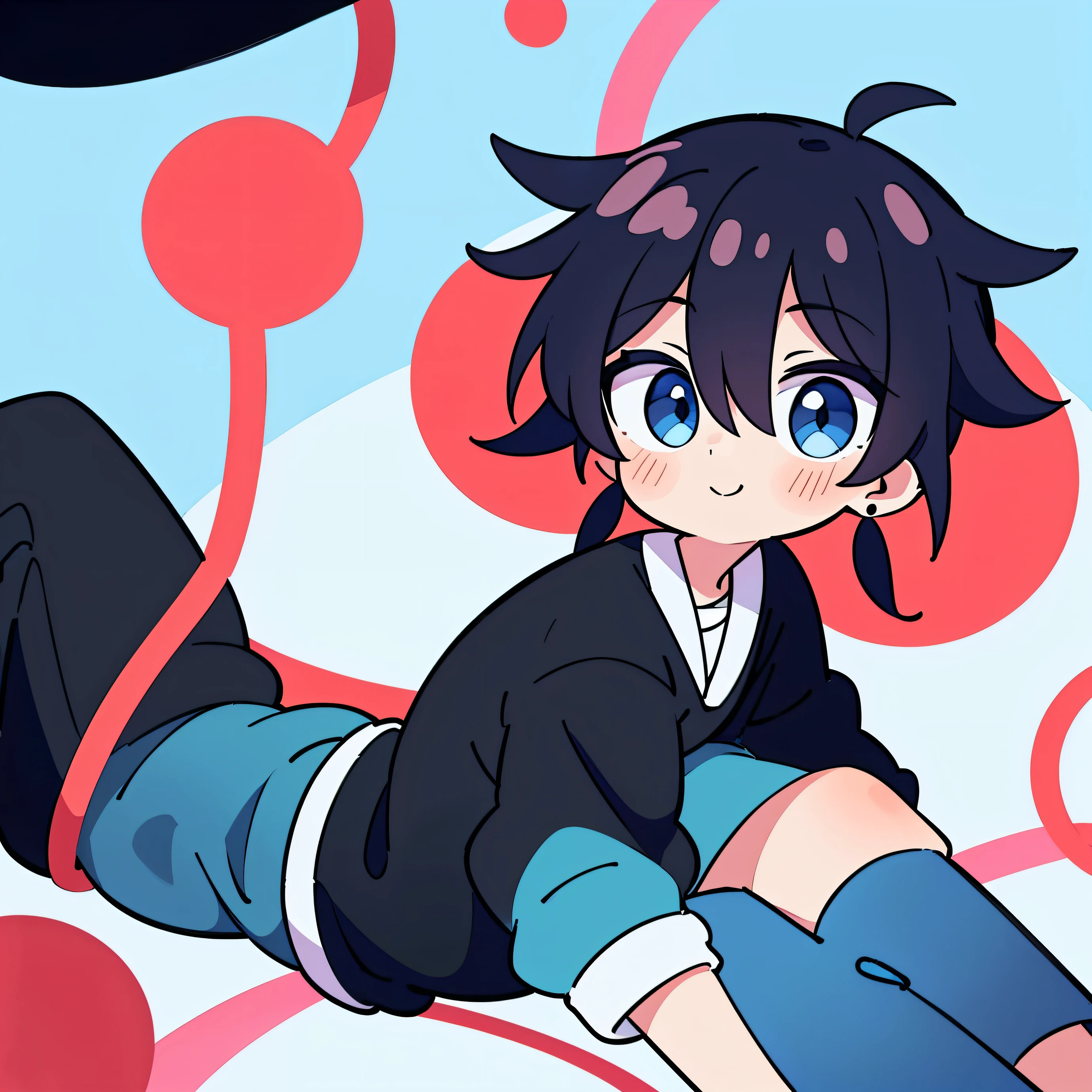 A boy of approximately , piel clara, ojos negros, cabello de largo, como el estilo de cabello de "Tomioka Giyuu", His neck is bandaged and so are his forearms., sueter azul acero con mangas blancas, debajo de sus parpados tiene dos marcas de nacimiento, which are small red circles, tiene una sonrisa suave y ligera, pantalones negros, tenis blancos y azulces acero, two small red earrings