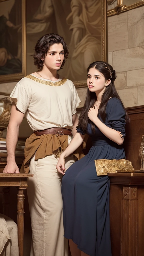 An illustration of young Alexander the Great being brainwashed by his mother Olympias, who is passionately convincing him that his real father is the Greek god Zeus and his destiny is to be a conqueror.