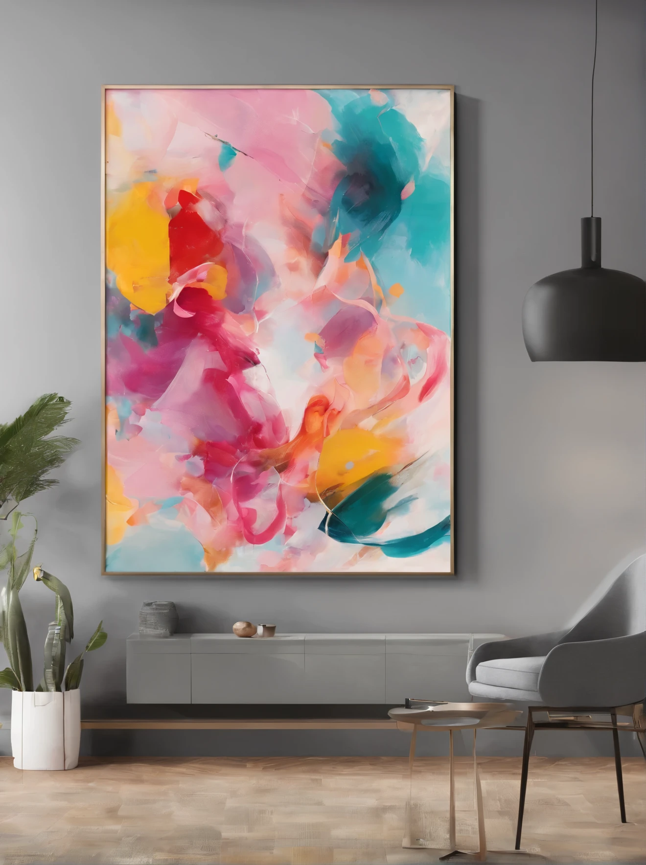 Create an abstract painting that showcases a blend of vibrant colors and dynamic shapes. The painting should feature a mix of different light and bright colors, such as pink, blue, green, and yellow, to create a visually engaging and lively scene. The shapes should be abstract and fluid, with some shapes overlapping and others intertwining to form a complex and intriguing composition. The overall effect should be one of energy and movement, with the colors and shapes working together to create a captivating piece of art.