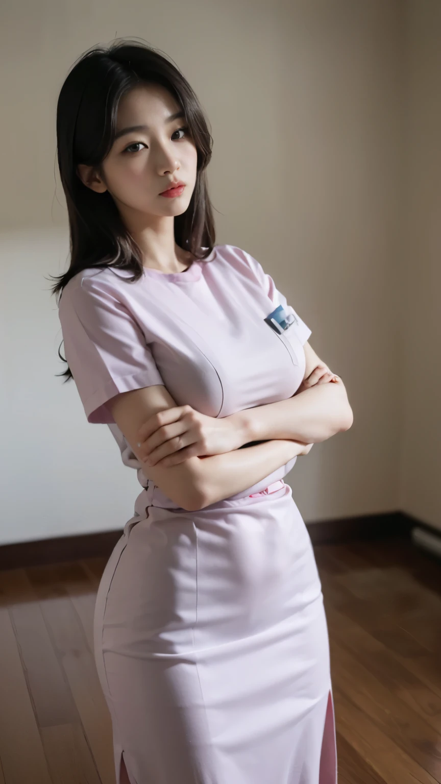 Slender Asian girl, kpop idol, ((nurse)), in the medical ward, ((top quality, 8k, masterpiece: 1.3)), crisp focus: 1.2, beautiful woman with perfect figure: 1.4, huge breast, highly detailed face and skin texture, detailed eyes, ((skinny)), beautiful face, symmetrical face, full-length, sexy