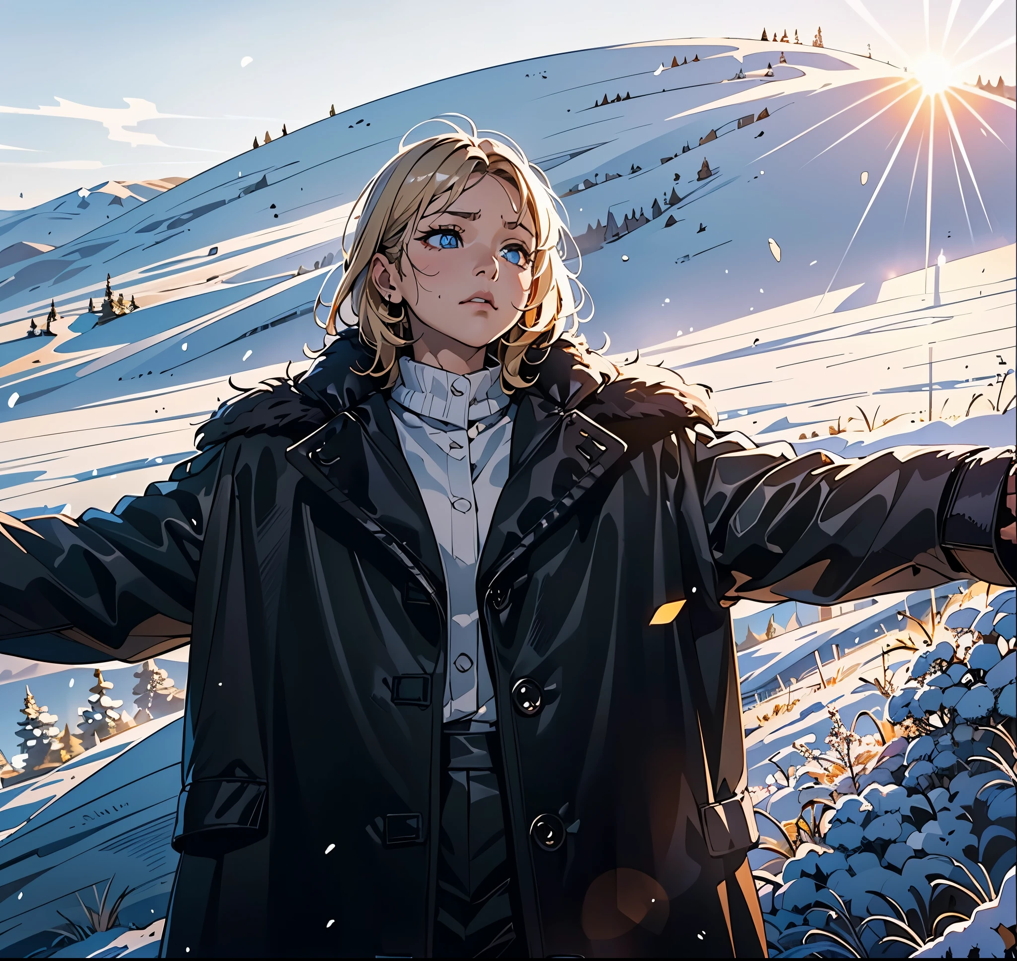 (table top), sexy、Natural light, realistic diffused glow, professional lighting、Shine a spotlight on a person&#39;s large eyes、eyes are blue、blonde、Russian、sad expression、In the snowy mountains、snow falling、