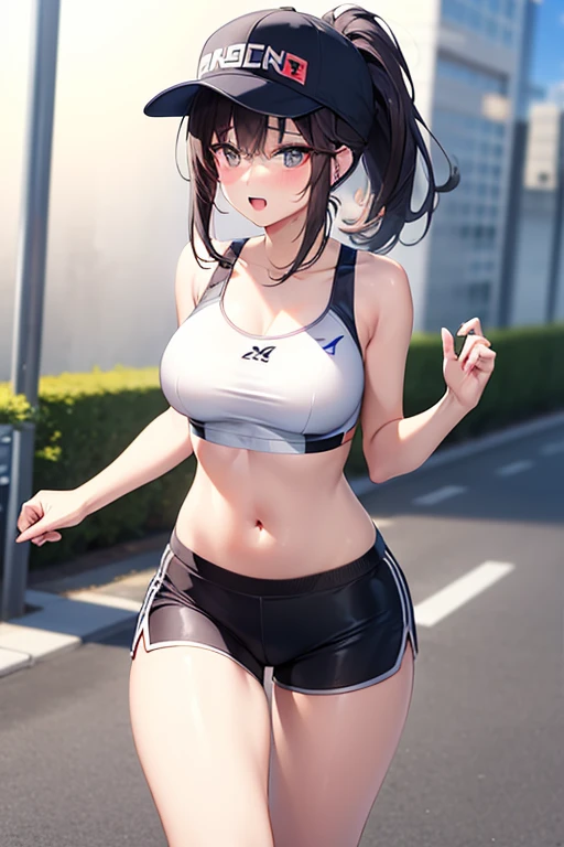 teenager,1 beautiful girl、(blush:0.6),heavy breathing,sports underwear、Navel Tank Top、vertical navel, sport shorts、running, ponytail、sport cap, shiny skin、Highway