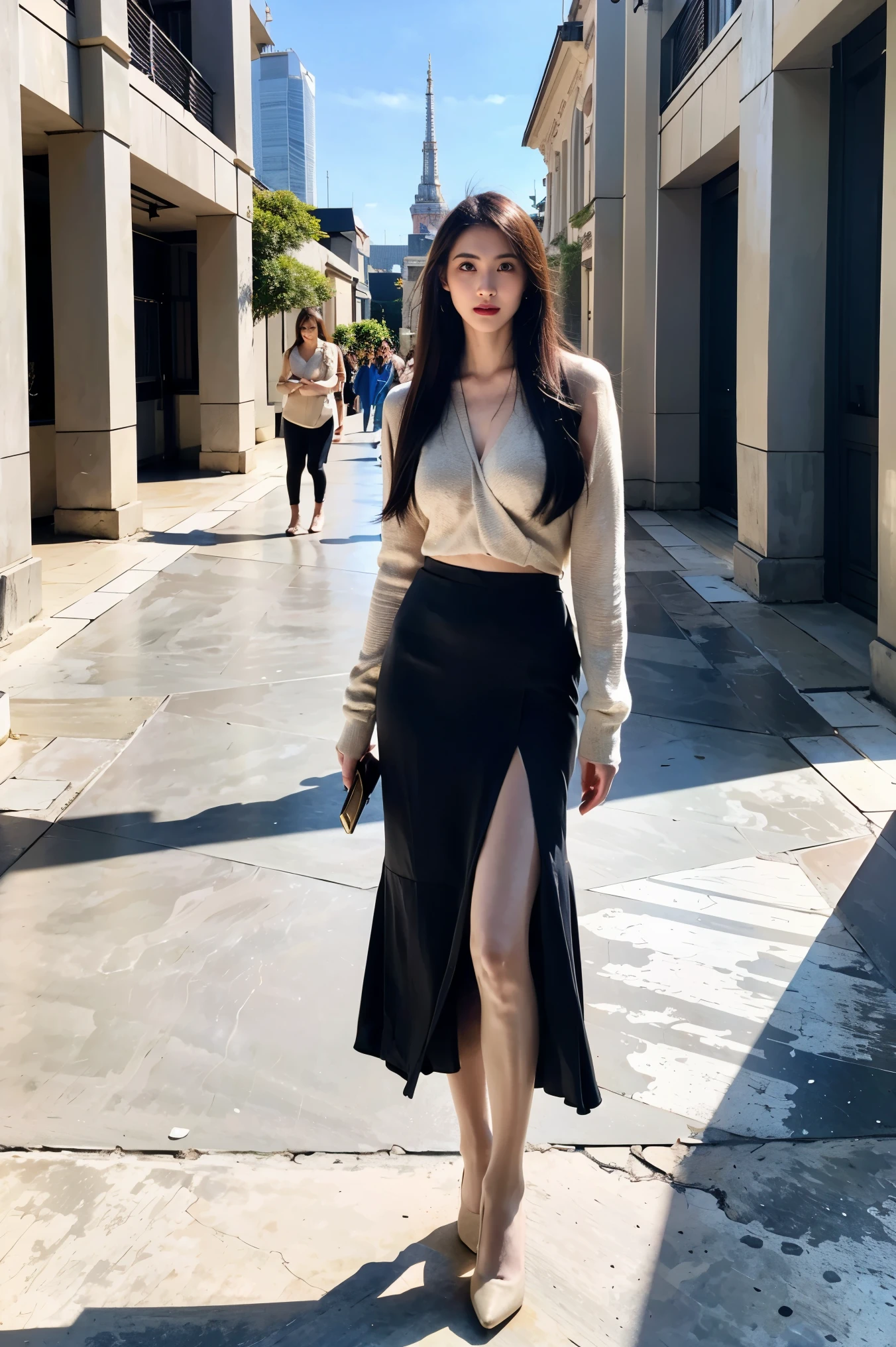 1 girl,(European model:1.3),31 years old,exquisite,Business womenswear,(jacket:1.1),(shirt:1.1),(wrap skirt:1.1),Accessories,jewelry,briefcase,knitwear,,goosebumps,goose-flesh,(fidelity:1.3),filigree,quality,(masterpiece:1.2),(fidelity:1.2),(best quality),(Skin details:1.3),(intricate details),Ray tracing,photo,bathed in light and shadow,street with skyscrapers,On a bustling city street,film grain,Depth of field 100mm,full-body shot,skin tone,High heel,Stand apart,Blue sky and white clouds,sunny