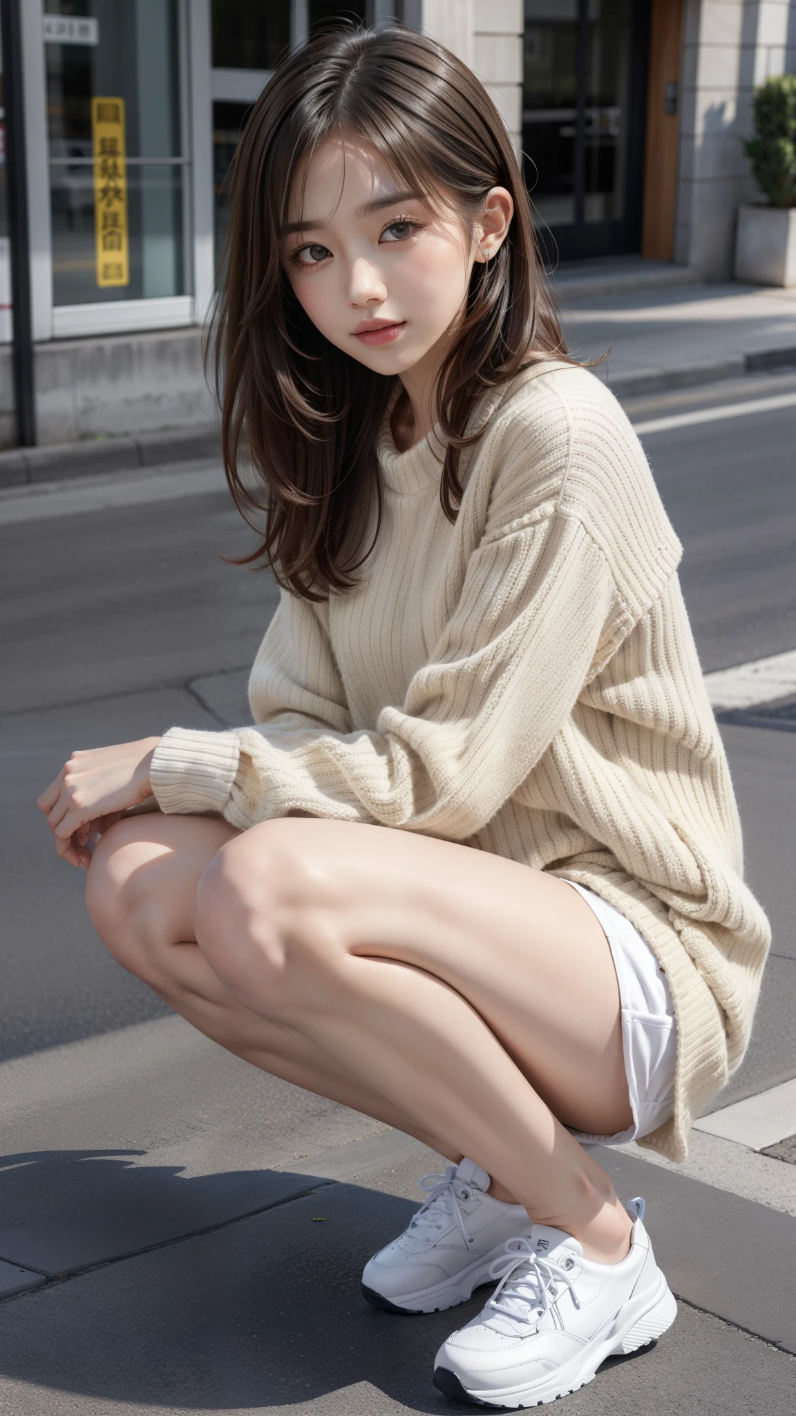 Photo taken by a professional photographer,Close-up of a woman squatting on the sidewalk with her legs crossed, kiko mizuhara, wearing a sweater, Shirahime cut brown hair, wearing a sweater, young and cute girl, japanese model, 白いwearing a sweater, Chiho, カジュアルなwearing a sweater, Beige miniskirt,white panties,Side waves with short hair, a cute young woman, cute young woman,