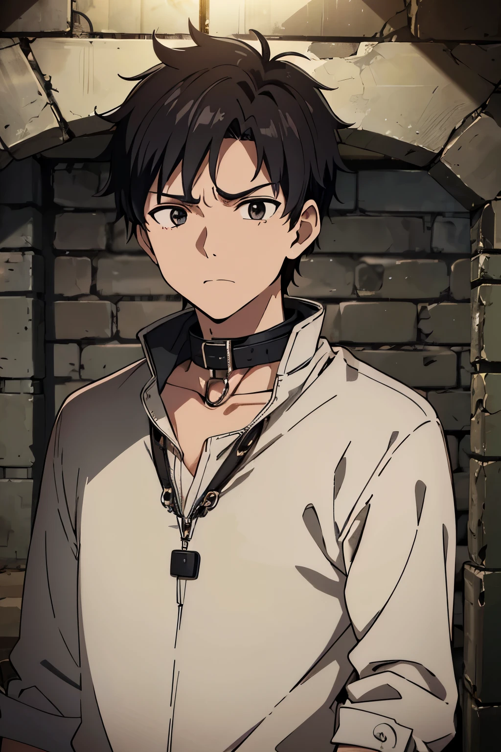 (best quality, 4k, 8k, high resolution, master part: 1.2), ultra-detailed, A boy, black hair and eyes, black eyes, angry expression, anger, furrowed eyebrow, dirty brown clothes, trapped in a dark underground, collar around the neck. Background, underground with snow.