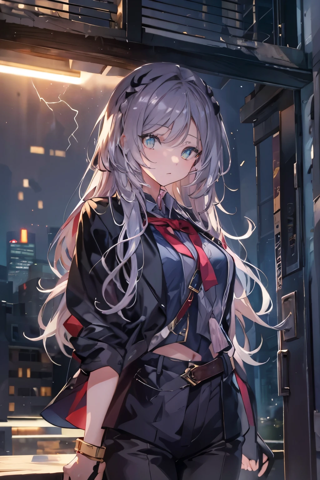 (real:0.2)、anime illustration、1 girl、(((golden eyes))), black coat、、Paris、France、sfv、black pants、black office shirt、、carmen sandigo、、blue sky、、long hair、、dramatic lightning、Lamp light、epic lighting, light falling on face, The light from the rear window is backlit., Face Light, The face is illuminated, fill light, fill light, ((master piece)), (Carmen_Sandigo_v1-1_Shulik-2000:0.6) information, silver hair,