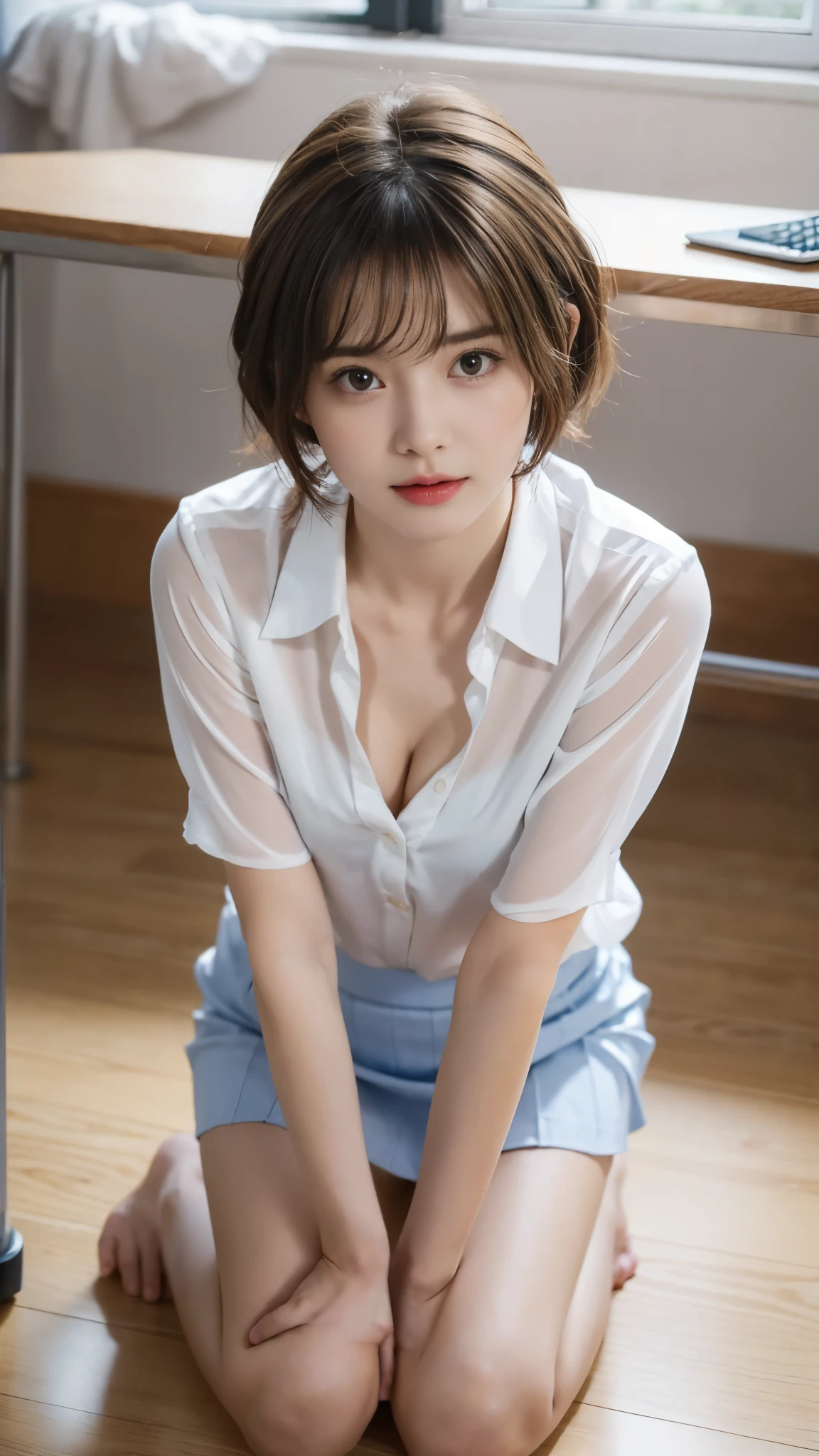 ((top quality, 8K, table top: 1.3, RAW photo)), sharp focus: 1.2, (1 Aespa Girl :1.1), alone, (realistic, realistic: 1.37), (face focus: 1.1), cute face, highly detailed face, brunette short messy hair, small smile, nude, (Take off your uniform like a chiffon shirt, roll up the skirt: 1.3), checked skirt, thigh, sit with one knee up, classroom, flower, Lily、cleavage、big breasts、slouch、Girl in a shortcut、short hairstyle、crawl on all fours