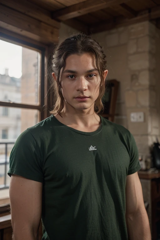 similar to Legolas Elf but with large dark brown eyes, black hair, green lose shirt, lean muscular , Male