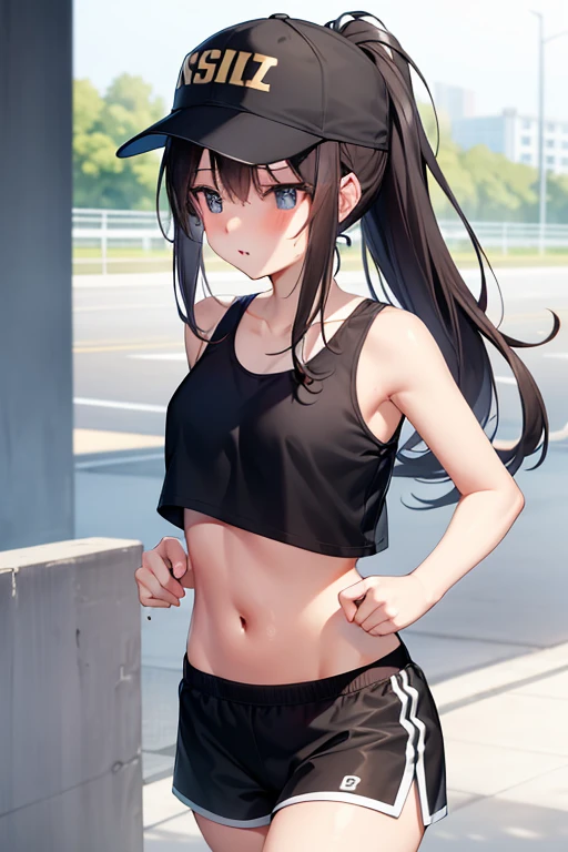 teenager,1 beautiful girl、(blush:0.6),heavy breathing,sports underwear、White navel tank top、vertical navel, black sport shorts、running, ponytail、sport cap, shiny skin、Highway