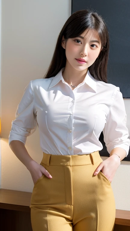 Cool beautiful girl,Japanese,Office Lady,18-year-old,white shirt,Large bulging chest,neat woman